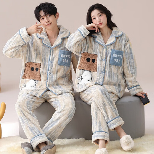 Emanan winter warm coral velvet couple pajamas for women thickened and velvet simple casual flannel men's home wear set GEY7886 women's XL