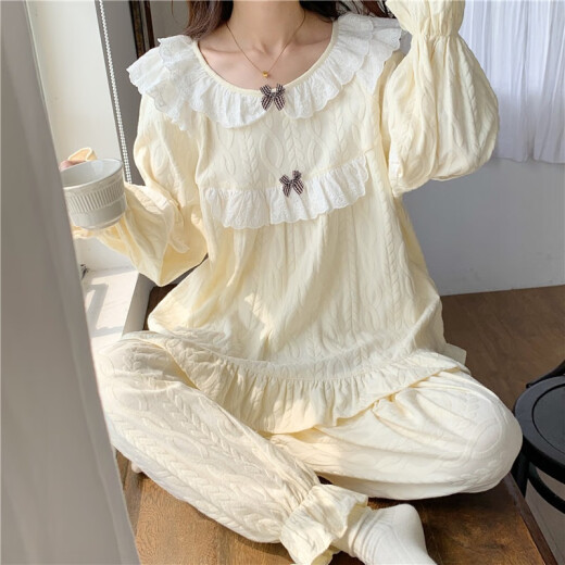 TULX睡衣女宫廷风秋季女款甜美小个子2023新款棉长袖家居服春秋款 杏色6210#【33Y】 2XL 130-145斤