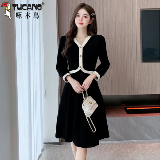 Woodpecker gras de grande taille Vêtements pour femmes printemps et automne Nouveau collier de parfum à la mode couvrant le ventre pour vous faire paraître mince robe à manches longues pour les femmes 1289 noire à manches courtes M recommandées 85-100jin [Jin est égal à 0,5 kg]