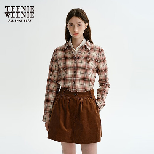 Teenie Weenie Bear Women's 25th Autumn New Retro Loose College Style Relaxed Natural Plaid Shirt Pink XS