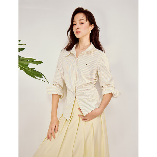INMAN simple vertical striped pleated shirt 2026 spring women's new slim long-sleeved shirt top light yellow M