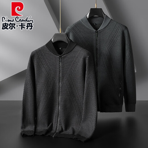 皮尔卡丹（pierre cardin）棒球领开衫拉链毛线衣男士春秋季中老年薄款休闲上衣胖子针织外套 深灰色 XL