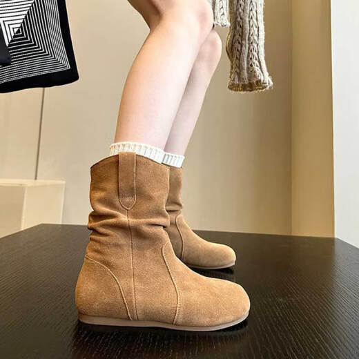 旻胜显瘦堆堆靴复古内增高百搭短靴女春季新款马丁靴圆头短筒勃肯鞋 棕色 38