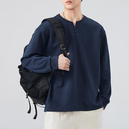 Baleno Henley collar men's long-sleeved sweatshirt, men's autumn trendy top, velvet style, spring and autumn style inner layering shirt, men's t-shirt, black regular L