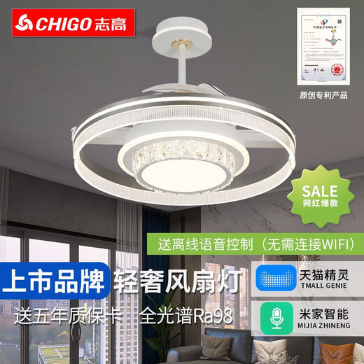 Smart voice app light luxury invisible fan light bedroom dining room living room fan light HP-9755 [top configuration] Full spectrum Ra98 [smart model] Elf + voice +