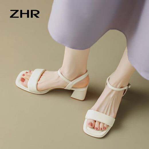 ZHR凉鞋女简约时尚高跟鞋粗跟经典一字带搭扣凉鞋女 Y718 米色 38