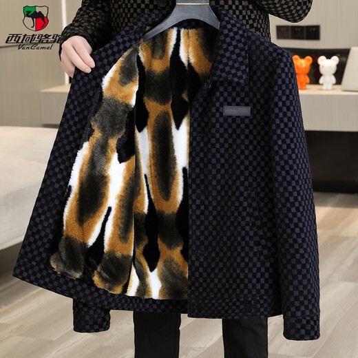 Western Region Camel (VANCAMEL) high-end houndstooth men's gold mink jacket jacket autumn and winter new style plush thickened trendy lapel woolen coat 6224 black and gray M 105 Jin [Jin equals 0.5 kg]