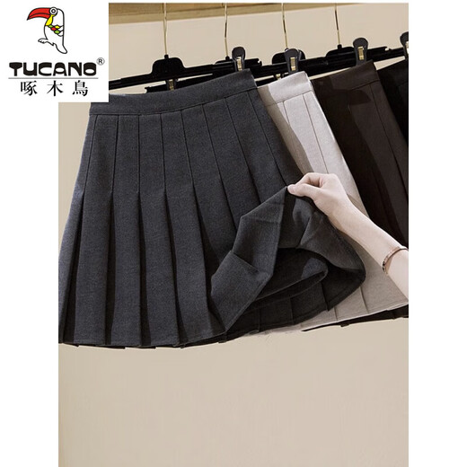 Woodpecker 2025 Autumn and Winter New Woolen Skirt Women's High Waist Slim College Style Pleated Skirt Thickened A-Line Short Dark Gray (Woolee Material) L