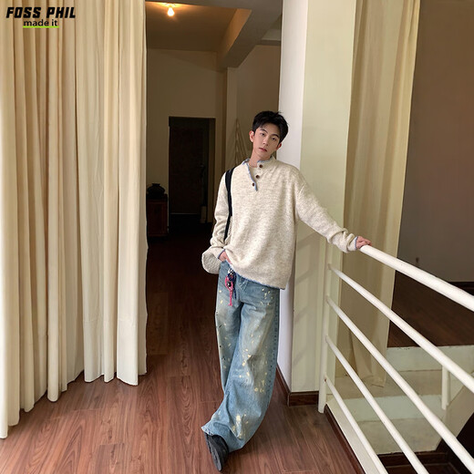 Foss Phil sweater men's autumn and winter American pullover sweater Henry collar lazy bottoming shirt men MZ0057 apricot L