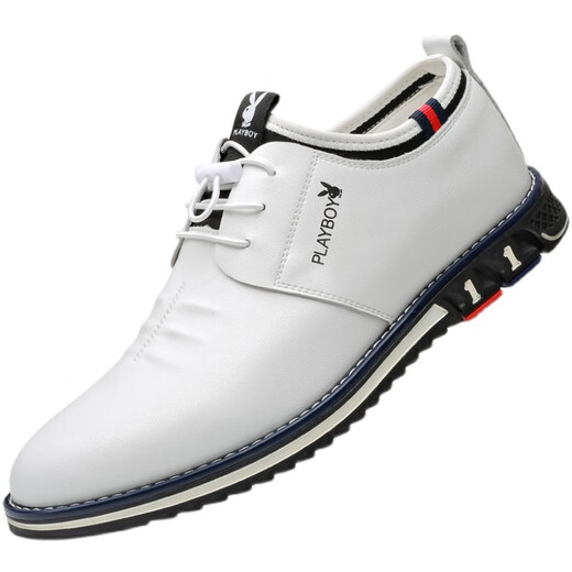 Playboy men's shoes 2025 autumn new casual leather shoes men's genuine leather shoes men's Korean style trendy white shoes 9858 white 38 free belt socks insoles