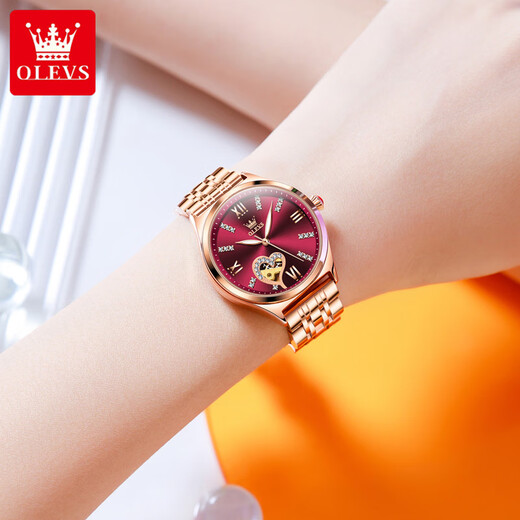 
OLEVS Swiss certified brand watch women's simple temperament women's watch hollow fully automatic mechanical watch light luxury women's watch OLEVS-6636-Red steel red face