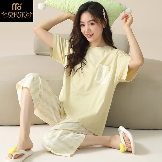 莫代尔睡衣女款夏季纯棉短袖七分裤裤薄款2025新款女式夏款可外穿家居服 H9902 M建议90-110斤