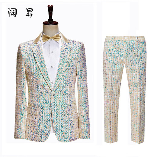 Kuosheng cross-border men's slim-fit champagne sequin dress suit stage performance suit host anchor catwalk suit champagne color (suit + pants + champagne bow tie) L