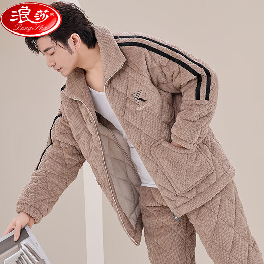浪莎（LangSha）新款男士秋冬季三层夹棉睡衣珊瑚绒加绒加厚法兰绒家居服冬天套装 M6626浅灰色帽子加 厚 款 L 3层  体重95-120斤】三层加厚