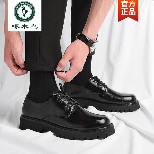 啄木鸟皮鞋男款德比男士休闲商务工装时尚潮流布洛克厚底低帮大头马丁靴 黑色6626 四季款 41 标准皮鞋码