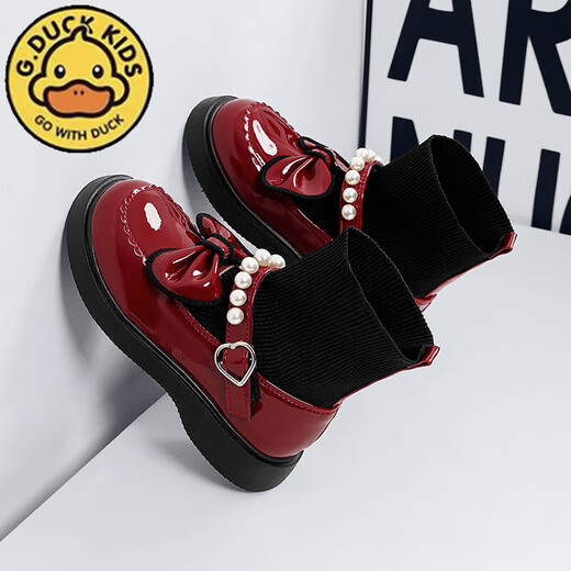 G.duck Little Yellow Duck Girls' Shoes Small Leather Shoes 2025 Children's Short Boots Princess Martin Boots Autumn and Winter Little Girls Black Boots HDL-Red 818 (Single Shoe) Size 31 Inner Length 19.3cm
