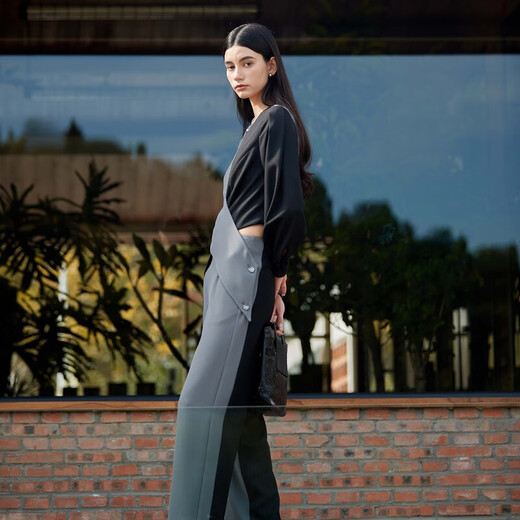 S.DEER Spring Fashion Women's French OL Round Neck Contrast Color Splicing Drape Suit S24161406 Black/91 M 165