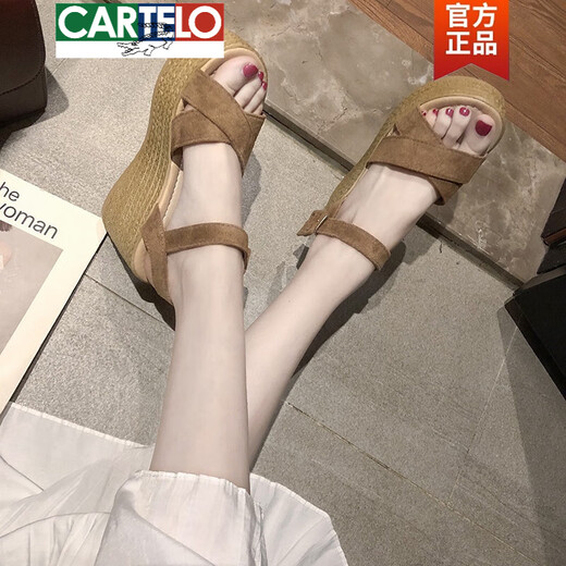 卡帝乐鳄鱼（CARTELO）坡跟凉鞋女2025春夏婚鞋高跟鞋韩版百搭厚底松糕鞋一字扣带罗马鞋 黑色 35