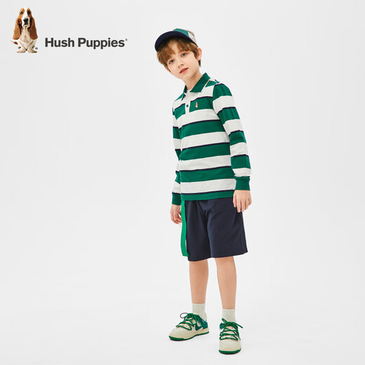 Hush Puppies children's clothing children's boys spring and autumn new spliced striped classic lapel long-sleeved POLO shirt pine leaf green 160 cm (one size larger)