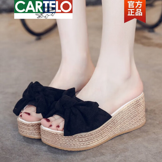 卡帝乐鳄鱼（CARTELO）高档2025夏季厚底坡跟凉拖鞋外穿女式凉鞋松糕底一字拖蝴蝶结时尚 粉红色 35