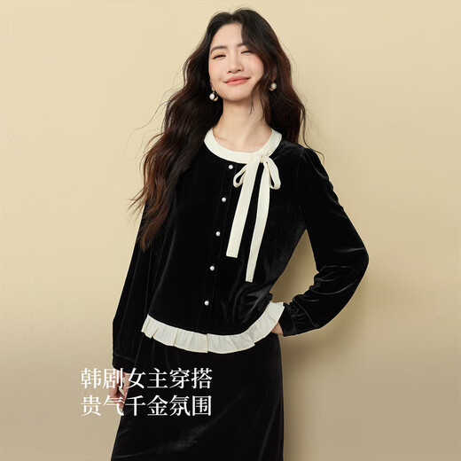 Xishijie (sllsky) Korean Style Thousand Gold Bow Velvet Shirt Women's Autumn and Winter Contrast Color Round Neck Wood Ear Trimmed Chic Shirt Modern Black XL