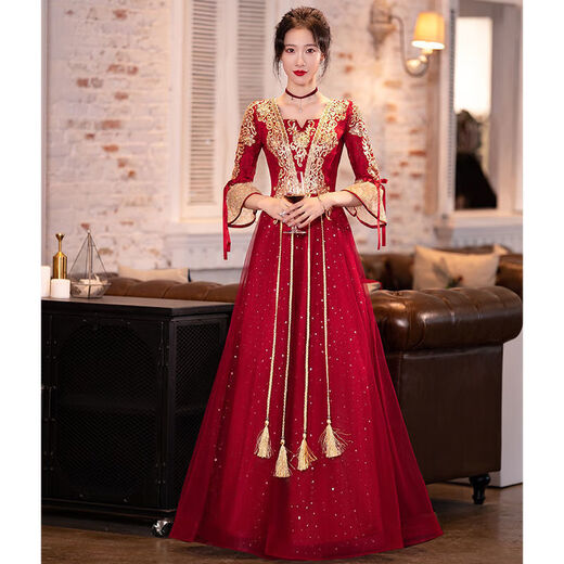 Bao Qiaoxu Toast Kleidung Braut 2024 Sommer Brew Red Chinese Langarm Hochzeit Verlobungskleid für Frauen Gebräu Red Long 684 xl