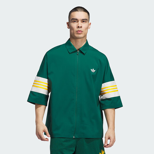 阿迪达斯 （adidas）三叶草男装 25夏季新款情侣款半袖运动宽松七分袖翻领衬衫 IY7373/森林绿 XS