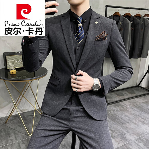 Pierre Cardin Bräutigamanzug Herrenanzug gestreiftes Hochzeitskleid Geschäfte Casual Work Formale Verschleiß Britisch-Strick Jst9905 Schwarzes 2-teiliger Set [Anzug + Hosen] + 56/3xl [145-160jin [Jin gleich 0,5 kg] Verschleiß]