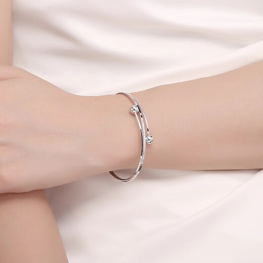 Yuan Shengfu's new PT950 fashionable, simple and versatile double-ball platinum bracelet, genuine platinum round ball open bracelet, 7.93g/ring 56mm