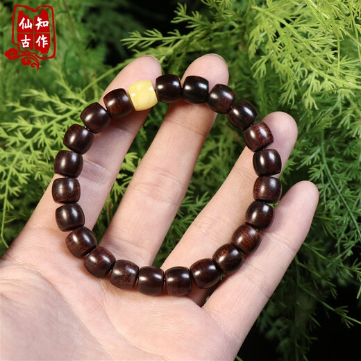 仙知古作海南黄花梨搭配蜜蜡手串直切珠油梨单圈 偏紫底降香黄花梨木佛珠 8*10MM