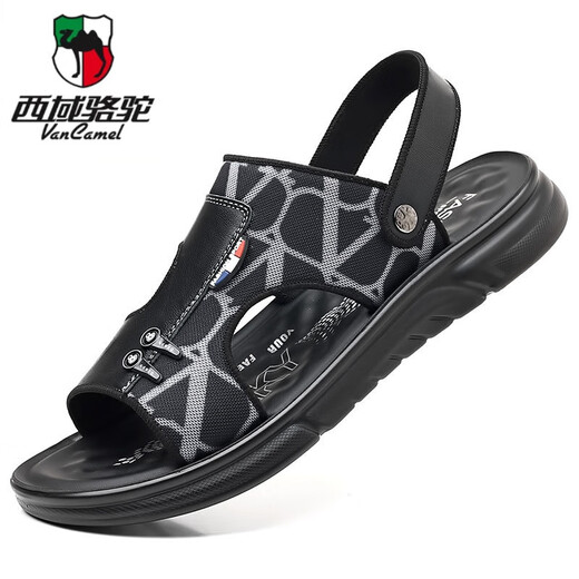 西域骆驼（VANCAMEL）男士夏季沙滩凉鞋休闲真皮软底2024新款男款外穿防滑男式凉鞋 9908黑色(牛皮+布) 42 260mm