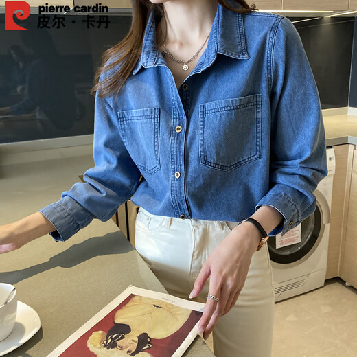Pierre Cardin shirt women's winter retro white collar right shoulder loose layered long-sleeved denim bottoming top dark blue M