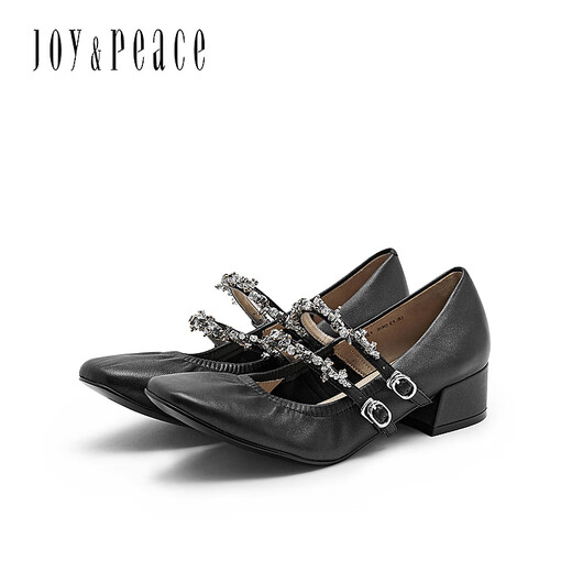 
Joy/peace's new spring rhinestone chain medium thick heel women's Mary Jane shoes 6621DAQ4 black 38