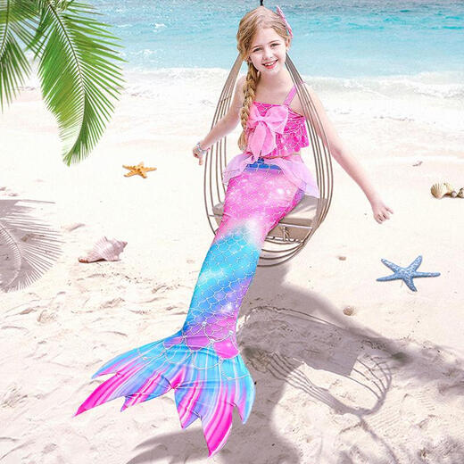 Ruiyang mermaid clothes princess tail children's swimsuit girls split bikini baby swimwear new hot spring colorful three-piece set + crown + necklace 4-piece set 110cm