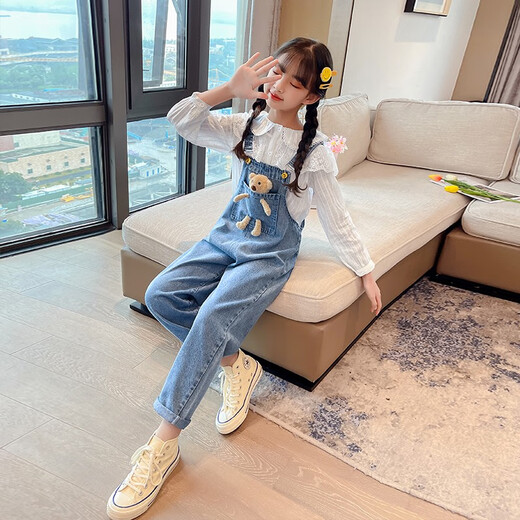 Jianzifeifei (Jianzifeifei) girls' pants loose denim overalls spring and autumn middle and older children's autumn clothing new trendy casual trousers blue - bear overalls trousers size 150 recommended height around 135-145 cm