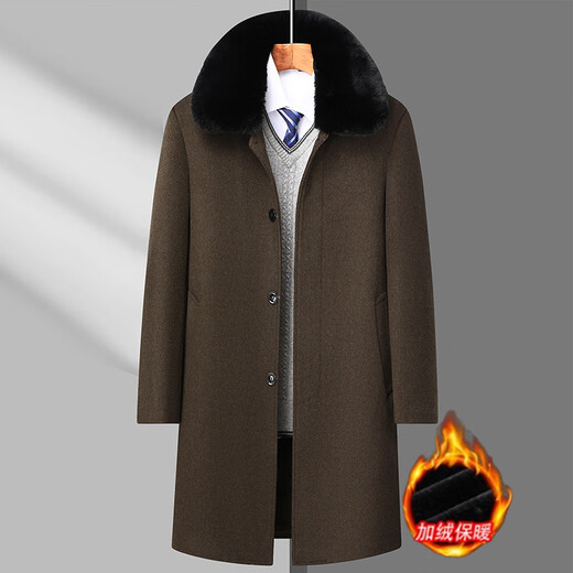 Woodpecker Woolen Coat Men's Middle-aged and Elderly Winter Dad's Clothing Plus Velvet Thickened Elderly Long Over-the-Knee Woolen Coat Jacket Black 175