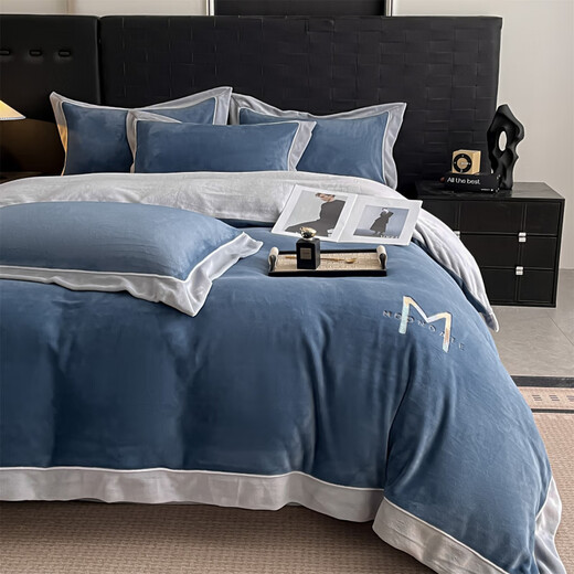 Nanjiren Jiangsu Nantong milk velvet four-piece set Class A maternal and infant grade double-sided velvet baby velvet coral velvet wide-brimmed quilt cover Maria Velvet - Bentley Blue + Star Gray Sheet Style 1.8m Four-piece Set - Quilt Cover 200x230cm