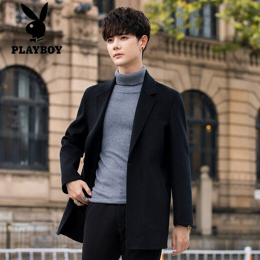 花花公子（PLAYBOY）双面羊毛呢大衣男士中长款韩版羊毛呢子外套冬厚西装高端 灰绿色 S
