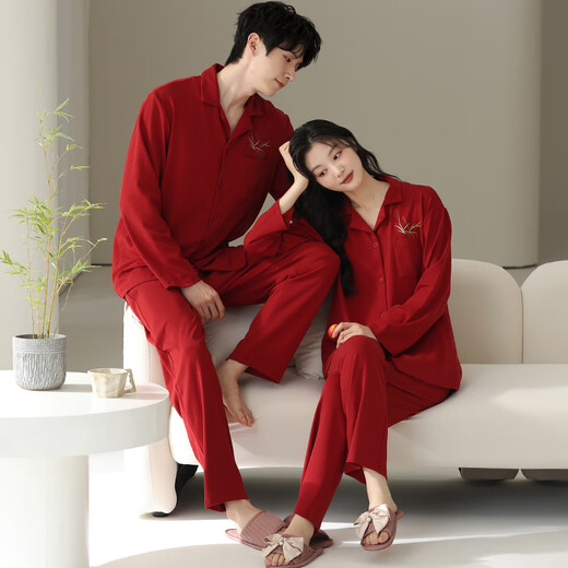 浪莎（LangSha）结婚新婚情侣睡衣一男一女套装春秋季纯棉长袖中国红家居服两套价 女857+男757 女M+男L
