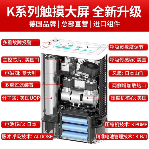 Koside, a German brand, high-end portable oxygen concentrator, portable rechargeable oxygen machine for the elderly, plateau oxygen inhaler, 24-year-old new 6-liter K-TKL (2 batteries, 24 cells in total)