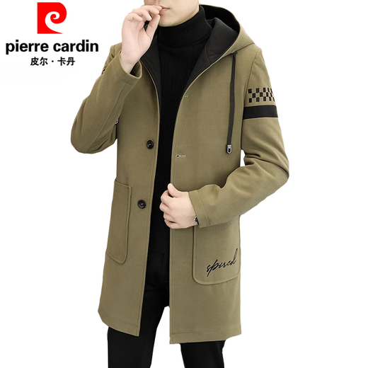 Pierre Cardin 2024 winter men's hooded windbreaker mid-length handsome casual velvet thickened woolen coat 37 Khaki (velvet) 3XL 155-170Jin Jin equals 0.5 kg