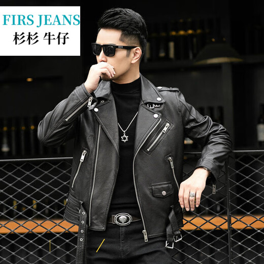 FIRS JEANS杉杉牛仔海宁真皮皮衣男绵羊皮机车外套青年短款西装领皮夹克单皮 黑色 3XL 185
