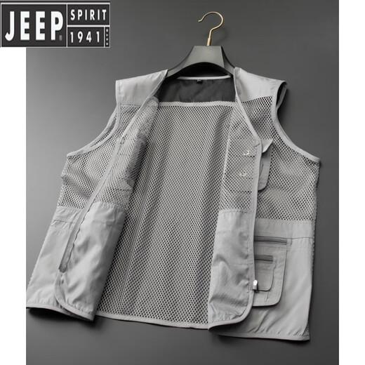 JEEP SPIRIT夏季薄款网眼马甲登山速干休闲多口袋中年男摄影钓鱼v领大码坎肩 灰色 小号【90-125】
