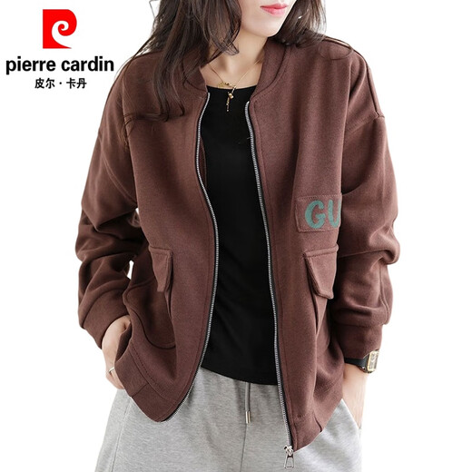 Pierre cardin cardigan sweater jacket ladies 2025 spring and autumn new fashionable age-reducing versatile baseball uniform fashion jacket top dark gray XL recommended 115Jin [Jin equals 0.5 kg]-130Jin [Jin equals 0.5 kg]