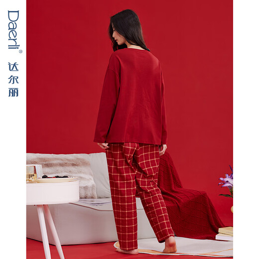 Darli red round neck couple pajamas for women spring and autumn pure cotton long-sleeved cartoon print wedding year red home clothes for men T8245243-029-red women M