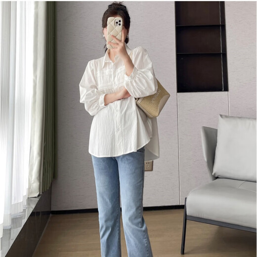 
Ranqi's mother's maternity top spring and autumn style fashionable belly covering her belly without showing off her clothes shirt large size loose autumn suit 2025 new women's blue jeans (single piece) XL