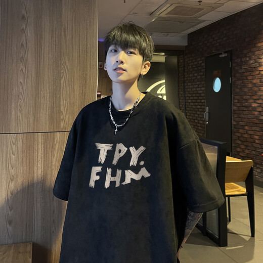 Legend of the Western Regions pure cotton short-sleeved T-shirt men's summer trendy brand versatile casual heavyweight five-quarter sleeve youth loose half-sleeved T-shirt black XL (120Jin Jin equals 0.5kg -140Jin Jin equals 0.5kg, priority delivery)