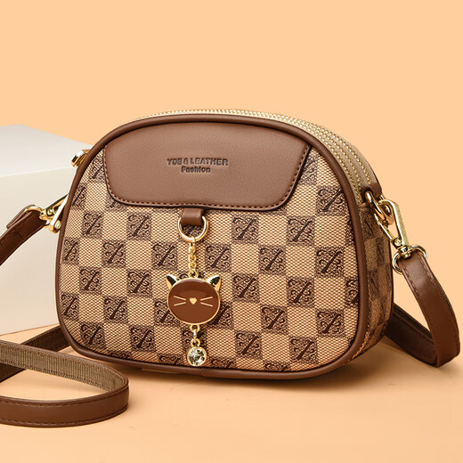 袋鼠真皮包包女2024春夏七夕潮时尚印花小圆包百搭高级感单肩斜挎包 大字母棕色