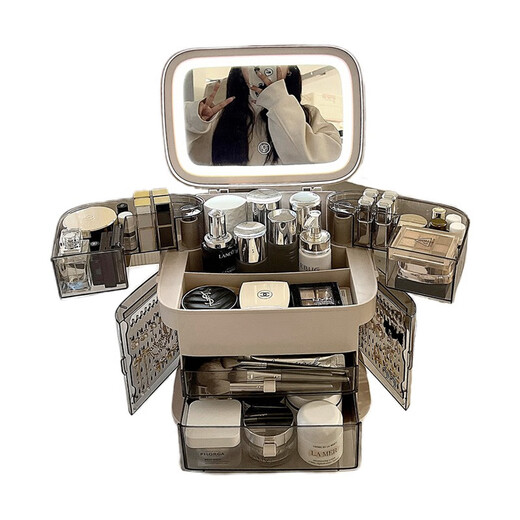 Yunya cosmetics storage box desktop LED light with mirror multi-functional all-in-one dressing table storage rack lipstick storage cabinet elegant white all-in-one portable model