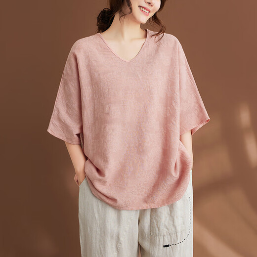 简当（JIANDANG）大码女装夏季胖MM纯色提花休闲宽松蝙蝠袖T恤遮肚子上衣9227 淡粉 大码均码【200斤以下】